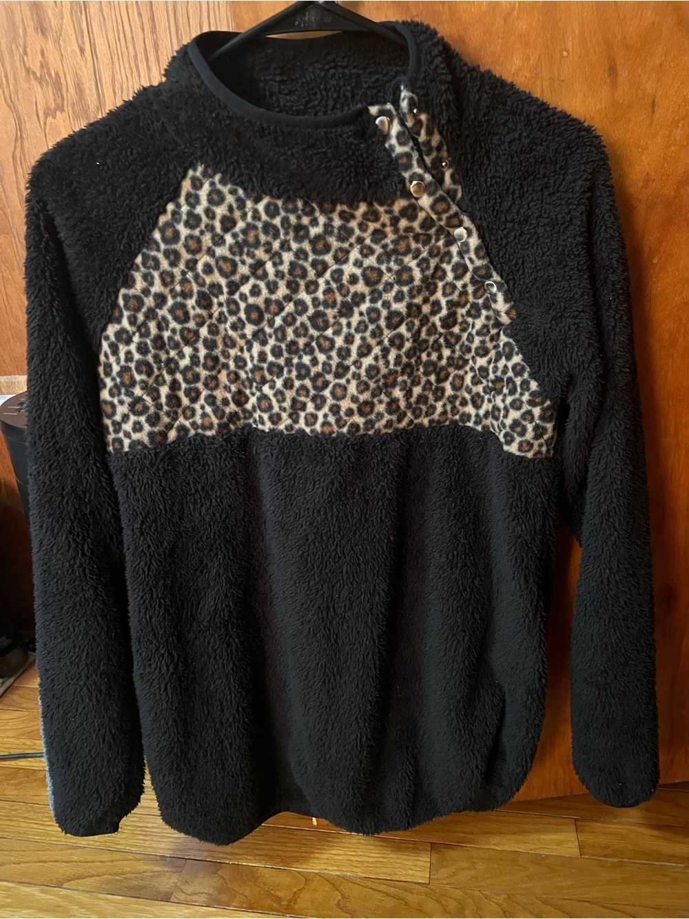 Pink Lily Black Sherpa Pullover with Leopard Print Panel